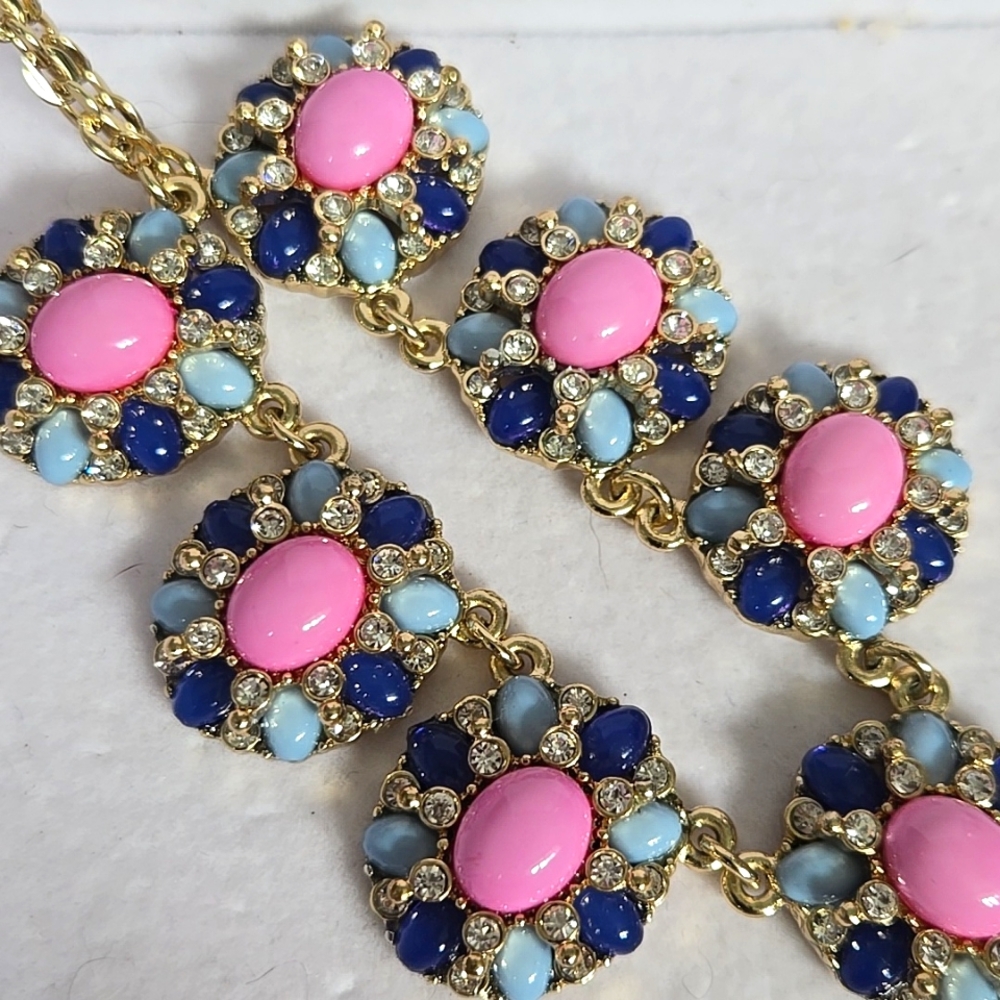 Talbots Pink and Blue Cabachons w/ Rhinestones Necklace - Picture 5 of 8